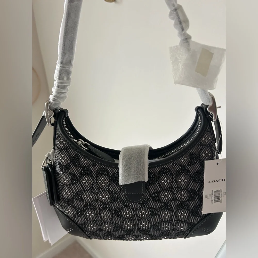 Coach Black Crystal Signature Jacquard Hamptons Hobo Shoulder Bag - Picture 6 of 9